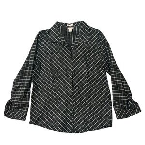 Chico's Black & White Grid Check Print Long Sleeve Button Up Shirt Sz 1 - (8/10)